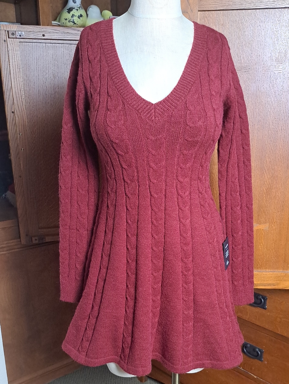 NWT Lulus Sweetly Seasonal Burgundy Cable Knit Sweater Mini Dress XS